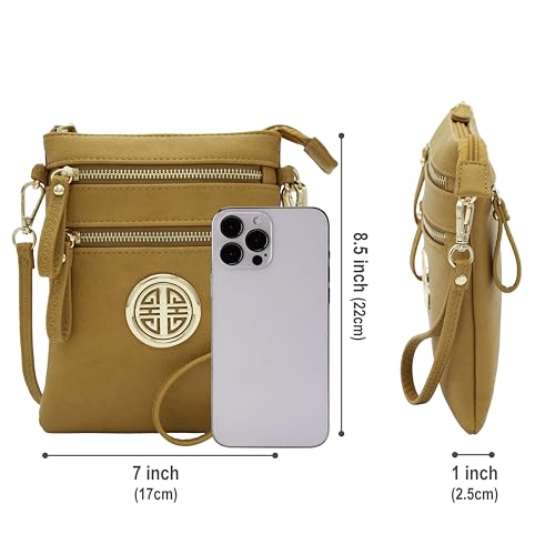 Solene Small Multi Zipper Pockets Crossbody Bag with Detachable Wristlet - color: Mustard