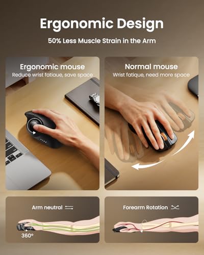 ProtoArc EM02 Wireless Trackball Mouse, Ergonomic Thumb Ball Control, Gray | 0/15° Adjustable Angle for Different Wrist Positions, Connect 3 Devices Via Bluetooth/2.4G USB-A, Rechargeable Battery - color: Gray
