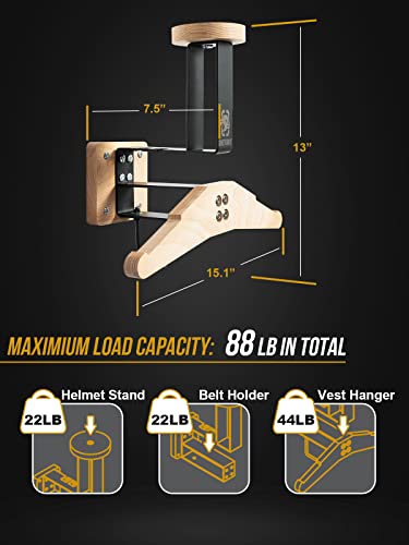 ONETIGRIS Tactical Gear Wall Mount Heavy Duty Holder for Vest & Moto Helmet | Helmet, plate carrier & belt storage, 88 LB combined load capacity, nature wood & steel construction, easy set up, all-in-one - color: Natural