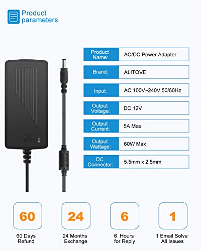 ALITOVE DC 12V 5A Power Supply Adapter Converter Transformer 60W AC 100-240V Input with 5.5x2.5mm DC Output Jack for 5050 3528 LED Strip Module Light - size: 5A