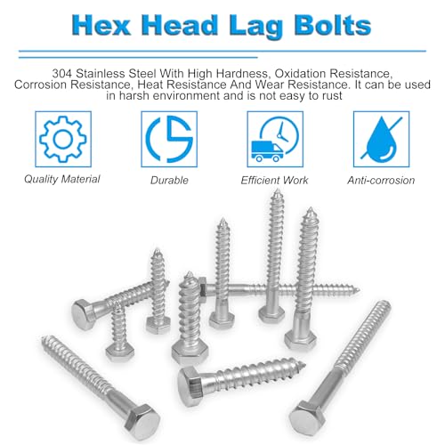 30 Pcs 1/4" x 1" Hex Head Lag Screws, 304 Stainless Steel Lag Bolts Hexagon Head Wood Screws Heavy Duty Large Screws for TV Mounts, Deck, Boat Repair - size: 1/4 x 1" (30 pcs)
