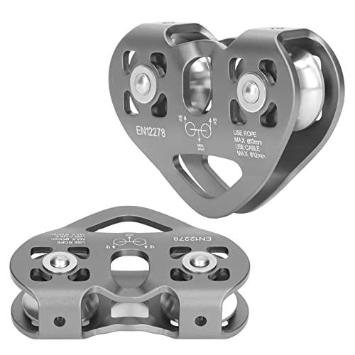 Tandem Speed Double Pulley, 25KN Pulley Climbing Pulley Pulley Aluminum Fixed Rope Pulley Zipline Trolley for Climbing Lifting Hauling Rigging (Gray)
