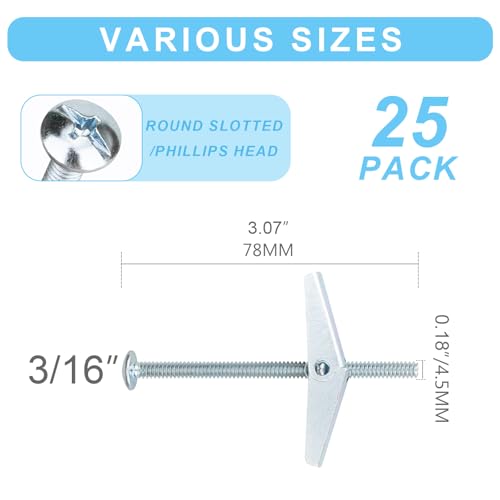 25 Pcs 3/16 Inch Toggle Bolts Heavy Duty Metal Drywall Anchors Kit | Dry Wall Anchors and Screws Kit for Hanging Lamps Heavy Items, Butterfly Anchors for Ceiling, Sheetrock, Hollow Wall - size: 3/16"-50pcs(25sets)