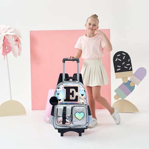 HTgroce Cute Rolling Backpack with Wheel,School Backpack for Kids Girl Roller Schoolbag Wheeled Backpacks Set Carry-on Luggage,Initial E - color: Silver, style: E