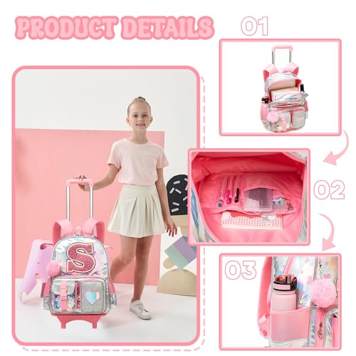 HTgroce Cute Rolling Backpack with Wheel,School Backpack for Kids Girl Roller Schoolbag Wheeled Backpacks Set Carry-on Luggage,Pink S - color: Pink, style: S