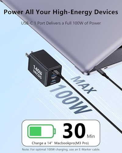 2Pack Mac Book Charger 140W, USB C Fast Charger Foldable 3-Port Multi-Device Fast Power Adapter, USB C Charger for MacBook pro/Air, Dell, Samsung Galaxy, iPad Pro, and More(Black)