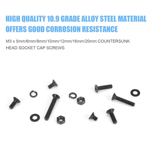 DYWISHKEY 566 Pieces M3 Black Screws, 10.9 Grade Alloy Steel M3x 5/6 /8/10 /12/16 /20mm Countersunk Head Socket Cap Screws Bolts Nuts Washers Assortment Kit - size: M3, style: Countersunk Head Socket Cap