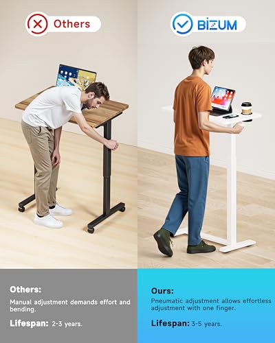BIZUM Adjustable Bedside Table with Swivel Hidden Wheels Pneumatic Rolling Desk Mobile Standing Desk with Cup Holder for Hospital Home(27.6"x15.8" White) - color: White, size: 27.6"x15.8"
