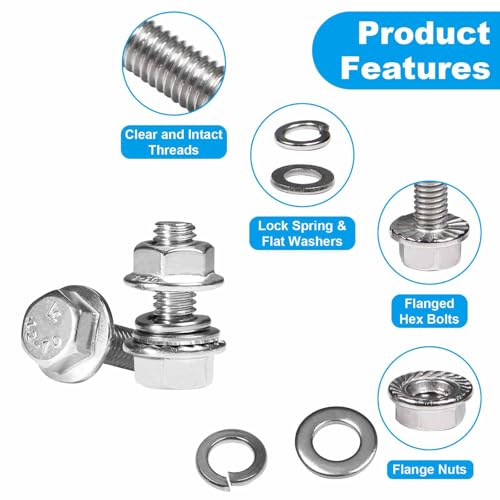 10 Sets 5/16-18 x 3/4" Flanged Hex Head Bolts Kits, 5/16-18 Flange Hexagon Screws and Nuts,Flat & Spring Lock Washers, 304 Stainless Steel 18-8,Fully Threaded - size: 5/16-18 x 3/4"