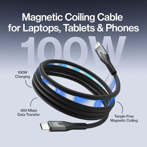 Statik MagStack Pro USB C to USB C Coiling Magnetic Charging Cable,100W | Nylon Braided Tangle-Free Design, Magnetic Coiling, Data Transfer, Compatible with iPhone & Android, 3FT Black - color: Black, size: 3ft, style: USB-C to USB-C