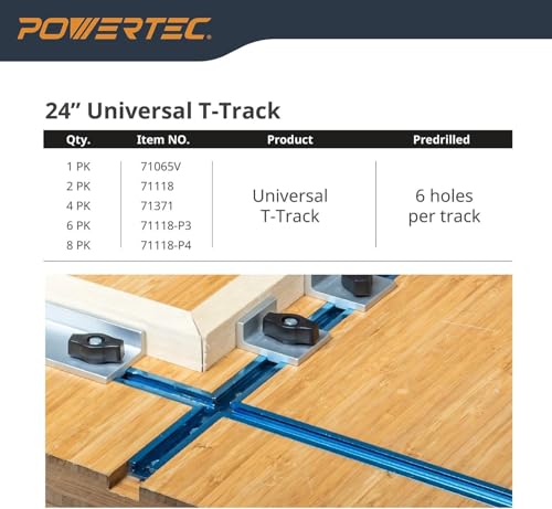 POWERTEC 71371V 24 Inch Double-Cut Profile Universal T-Track with Predrilled Mounting Holes, 4 PK, T Track for Woodworking Jigs and Fixtures, Drill Press Table, Router Table, Workbench - size: 24" T track, 4PK