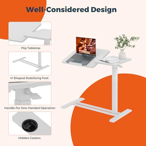 28''Pneumatic Overbed Tilting Bedside Table,Small Desk with Wheels | 27.6"x15.7" White Single-Side Flip Tabletop,Hospital Medical Bedside Table,Overbed Table with Wheels,Small Standing Desk - color: White, size: Small