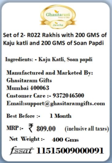 Ghasitaram Gifts Rakhi for Brother Rakhis Online - Set of 2- R022 Rakhis with 200 GMS of Kaju katli and 200 GMS of Soan Papdi
