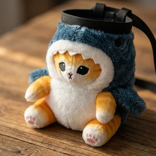 Cat Rock Climbing Chalk Bag, Fun Plush Animal Chalk Pouch with Drawstring, Adjustable Waist Belt for Indoor Outdoor Bouldering Sport Climbing - style: Large Yelllw Shark Cat