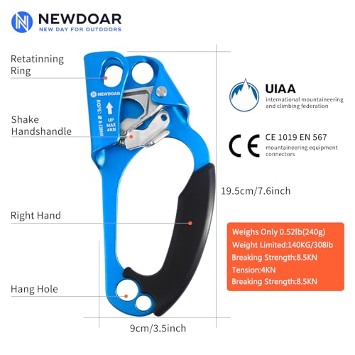 UIAA & CE Certified Hand Ascender Rock Climbing Tree Arborist Rappelling Gear Equipment Rope Clamp for 8~13MM Rope - color: Blue-Right