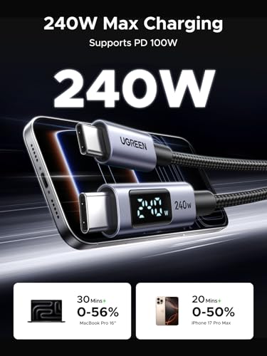 UGREEN USB C 240W Cable with Digital Display, PD 100W Fast Charging, 6.6FT | Compatible with MacBook Pro/Air, iPad Pro, XPS, Gaming Laptops, iPhone 17/16/15, Galaxy S26/S25, Pixel & More. Nylon Braided. - size: 6.6FT