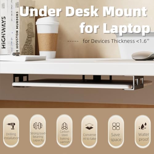 Under Desk Laptop Mount - Metal Under Desk Shelf Holder with Anti-Scratch, Laptop Wall Holder for Keyboard, Devices Thickness <1.6'' (White) - color: white