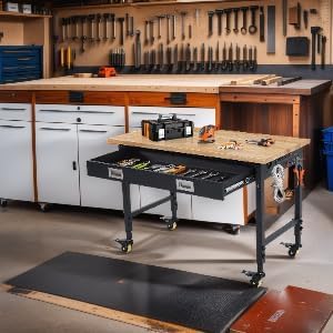 48x24 Inch Heavy-Duty Adjustable Workbench with Rubber Wood Top – 2000LB Capacity Mobile Garage Workstation with Drawer&Backplate, Ideal for Workshop, DIY & Tool Storage