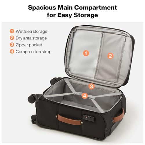 mixi Carry On Luggage 20 Inch Softside Expandable Suitcase, Black | Front Pocket, 22x14x9 Airline Approved, Rolling Spinner Wheels, TSA Lock, Lightweight - color: Black