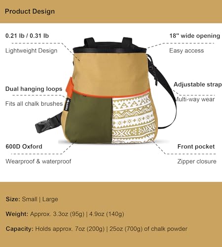 Climbing Chalk Bag, Large Capacity Rock Climbing Chalk Bag for Bouldering, Weightlifting, Gym, Disc Golf & Wall Climbing, Durable Bouldering Chalk Bucket - color: Khaki, size: Small