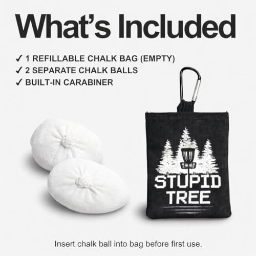 Refillable Disc Golf Chalk Bag with Carabiner, 2 Chalk Balls Included – Grip Bag for Dry Hands & Consistent Release, Frisbee Golf Accessory - style: Stupid Tree – Black