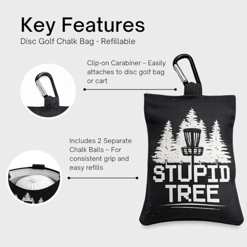Refillable Disc Golf Chalk Bag with Carabiner, 2 Chalk Balls Included – Grip Bag for Dry Hands & Consistent Release, Frisbee Golf Accessory - style: Stupid Tree – Black