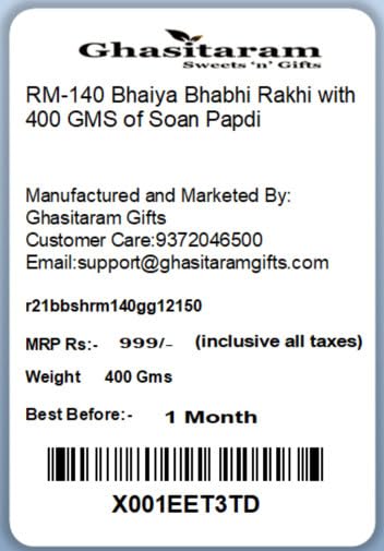 Ghasitaram Gifts Rakhi for Brother Rakhis Online - RM-140 Bhaiya Bhabhi Rakhi with 400 GMS of Soan Papdi