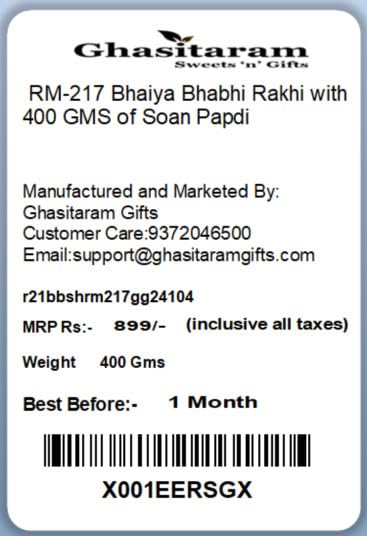 Ghasitaram Gifts Rakhi for Brother Rakhis Online - RM-217 Bhaiya Bhabhi Rakhi with 400 GMS of Soan Papdi