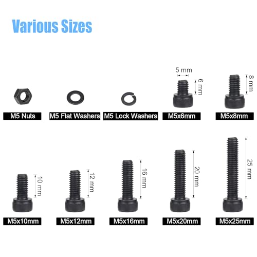 DYWISHKEY 226 Pieces M5 Black Screws, 12.9 Grade Alloy Steel M5x 6/8 /10/12 /16/20 /25mm Hex Socket Head Cap Screws Bolts Nuts Washers Assortment Kit - size: M5, style: Socket Head