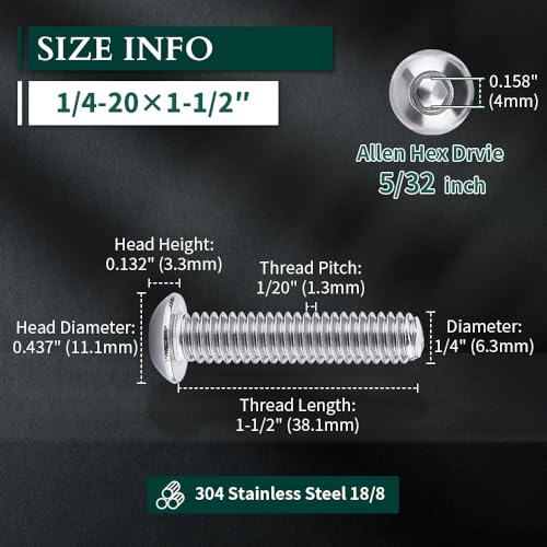 1/4-20 x 1-1/2" Button Head Socket Cap Bolts Screws, 304 Stainless Steel 18-8, Allen Hex Drive, Bright Finish, Fully Machine Thread, Pack of 25 - size: 1/4-20 x 1-1/2