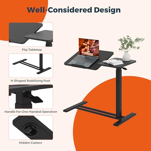 28''Pneumatic Overbed Tilting Bedside Table,Small Desk with Wheels | 27.6"x15.7" Black Single-Side Flip Tabletop,Hospital Medical Bedside Table,Overbed Table with Wheels,Small Standing Desk - color: Black, size: Small