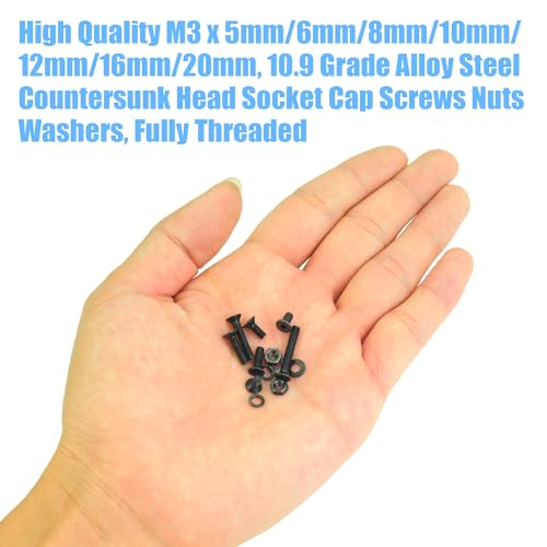 DYWISHKEY 566 Pieces M3 Black Screws, 10.9 Grade Alloy Steel M3x 5/6 /8/10 /12/16 /20mm Countersunk Head Socket Cap Screws Bolts Nuts Washers Assortment Kit - size: M3, style: Countersunk Head Socket Cap