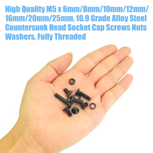 DYWISHKEY 246 Pieces M5 Black Screws, 10.9 Grade Alloy Steel M5x 6/8 /10/12 /16/20 /25mm Countersunk Head Socket Cap Screws Bolts Nuts Washers Assortment Kit - size: M5, style: Countersunk Head Socket Cap