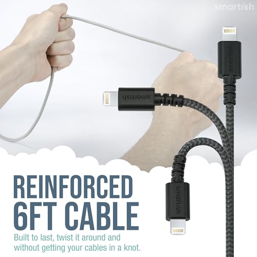 Smartish USB-C/Lightning Cable 17/16/16e/15/14 - Crown Joule - 6Foot Universal Fast Fabric Wrapped Charging Cable w/Micro-USB - MFi Certified 13/12/SE/iPad/AirPods/Android - Black - color: No. 2 Pencil Gray, size: USB to USB-C/Lightning/Micro