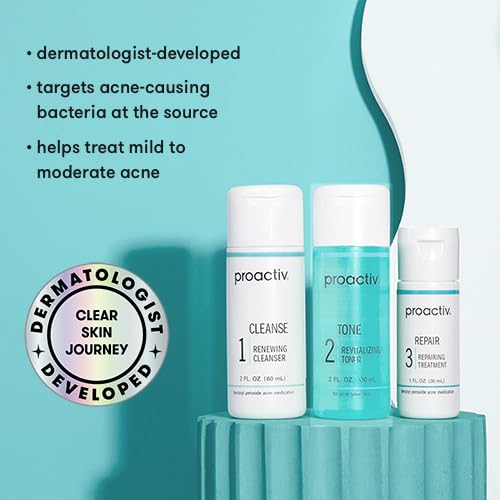 Proactiv 3 Step Acne Treatment - Benzoyl Peroxide Face Wash, Repairing Acne Spot Treatment for Face and Body, Exfoliating Toner - 30 Day Complete Acne Skin Care Kit