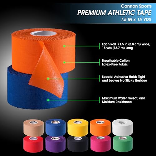 Cannon Sports Premium Athletic Tape - 1.5” x 45 Feet Per Roll - Easy Tear, No Sticky Residue, Very Strong, Hypoallergenic and Latex Free - Ideal for Sprains, Strains, First Aid - Pack of 3 (Red) - color: Red