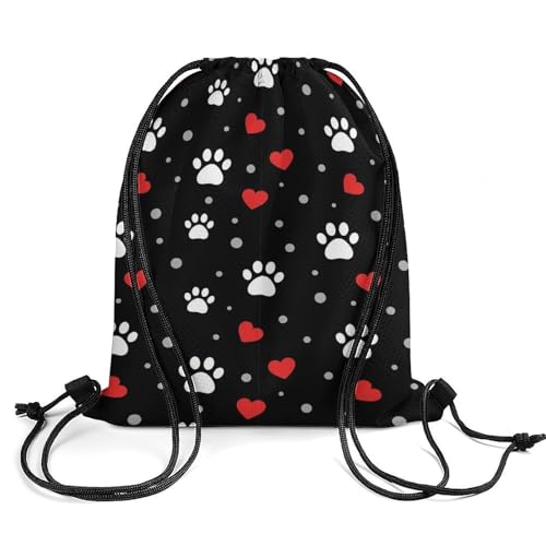 Swimming Drawstring Sack Waterproof Gym Backpack for Beach Sports Yoga Gear, Lightweight Unisex, Paw Prints And Hearts On Black Bags - color: Picture (31)