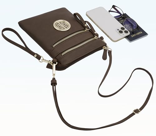 Solene Small Multi Zipper Pockets Crossbody Bag with Detachable Wristlet - color: Coffee