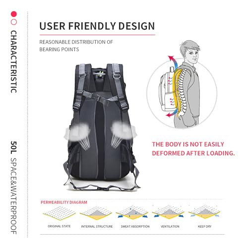 Bseash 50L Hiking Backpack, Water Resistant Lightweight Outdoor Sport Daypack Travel Bag for Camping Climbing Skiing Cycling (Black - No Shoe Compartment) - color: Black - No Shoe Compartment