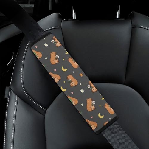 2PCS Capybara Moon Floral Black Car Seat Belt Pad Universal Soft and Comfortable Harness Pads Strap for Kids, Car Seats Pushchair Strollers High Chair Pushchair - color: Pattern 25