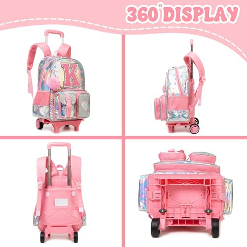 HTgroce Cute Rolling Backpack with Wheel,School Backpack for Kids Girl Roller Schoolbag Wheeled Backpacks Set Carry-on Luggage,Pink K - color: Pink, style: K