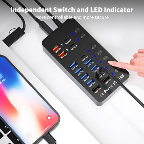 Powered USB Hub, 14 Ports USB Splitter Hub (10 Faster Data Transfer Ports+ 4 Smart USB Charging Port) USB Hub with LED Individual On/Off Switches for PC, Laptop, Desktop