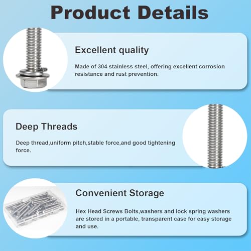 MroMax 10 Sets 1/4-20 x 3 Hex Head Screw Bolt, Nuts, Flat Washer & Spring Lock Washers Kits,Fully Threaded, Stainless Steel 18-8（304）, Bright Finish - size: 1/4-20 x 3" (10 Sets)