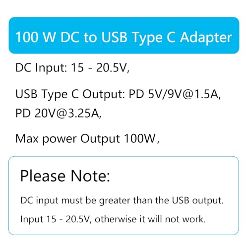 90 Degree 100W DC 5.5mm x 2.1mm Power Adapter, Input 15 - 20.5V, PD Chip | Right Angle DC 5521 Female to USB Type C Male PD Plug, Built in PD Intelligent Chip Quick Identification V/A, for USB C Port - style: DC 5521 Female to USB Type c Male - 100W