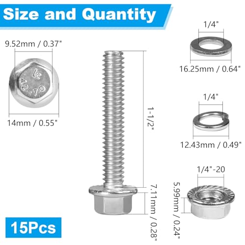 15 Sets 1/4-20 x 1-1/2" Flanged Hex Head Bolts Kits, 1/4-20 Flange Hexagon Screws and Nuts,Flat & Spring Lock Washers, 304 Stainless Steel 18-8,Fully Threaded - size: 1/4-20 x 1-1/2"
