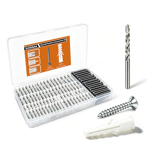 200Pcs Drywall Anchors and Screws Kit, 100Pcs Ribbed Plastic Wall Anchors with 100Pcs 1-3/5" Screws & Drill Bit, Heavy Duty Anchors for Hanging Pictures, Shelves, Home Mounting - size: 1-3/5 inch