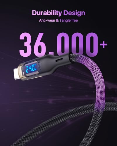 240W USB C to USB C Transparent Cable with LED Display Compatible with 140W 100W Fast Charging for MacBook Pro,lPhone 16/15/15Pro/15ProMax,Galaxy S23+/S23Ultra/S22,10ft,Black - size: 10Ft