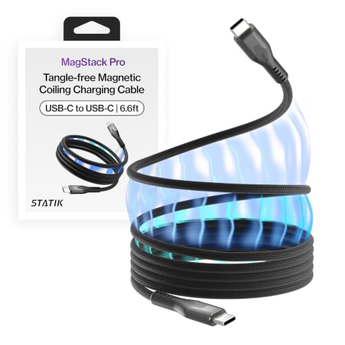 Statik MagStack Pro USB C to USB C Coiling Magnetic Charging Cable,100W | Nylon Braided Tangle-Free Design, Magnetic Coiling, Data Transfer, Compatible with iPhone & Android, 6FT Black - color: Black, size: 6ft, style: USB-C to USB-C