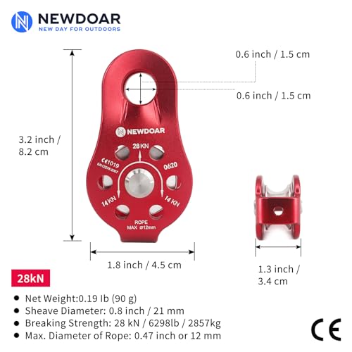 Fixed Plate Micro Pulley,28KN CE Certified General Purpose Small Aluminum Rope Pulleys for Climbing/Aloft Work/Rappelling/Rescue Etc - color: Pack of 2(28KN Pulley Red)