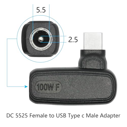 90 Degree 100W DC 5.5mm x 2.5mm Power Adapter, Input 15 - 20.5V, PD Chip | Right Angle DC 5525 Female to USB Type C Male PD Plug, Built in PD Intelligent Chip Quick Identification V/A, for USB C Port - style: DC 5525 Female to USB Type c Male - 100W
